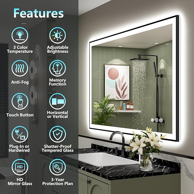 48x38 Black Framed LED Bathroom Mirror with Lights, Backlit + Front Lit, Anti-Fog Lighted Vanity Mirror for Bathroom Wall with 3 Colors, Dimmable, Memory, Tempered Glass, Horizontal/Vertical
