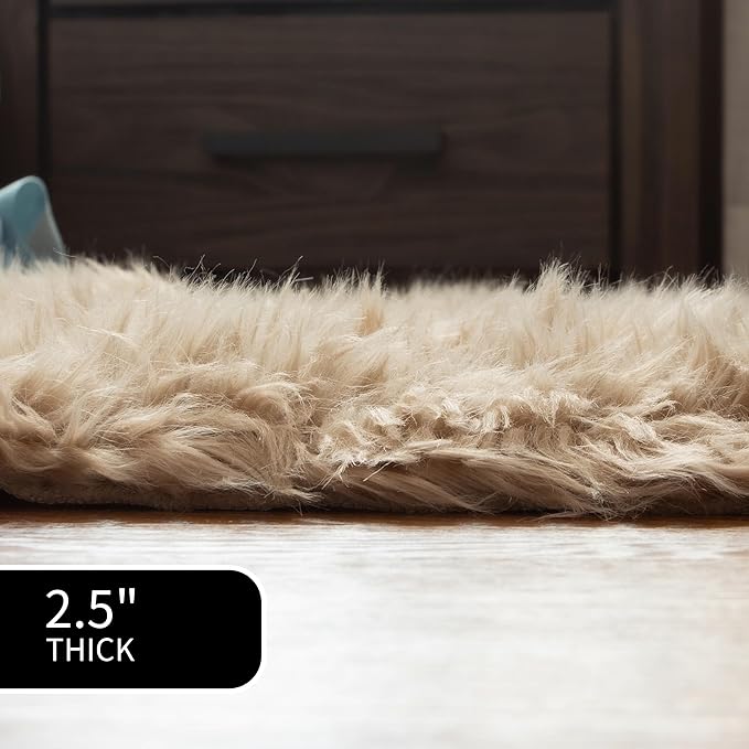 Super Area Rugs Ultra Soft & Fluffy Faux Sheepskin Fur Rug, Light Brown 4 x 6 Feet Sheepskin Carpet for Bedroom Living Room