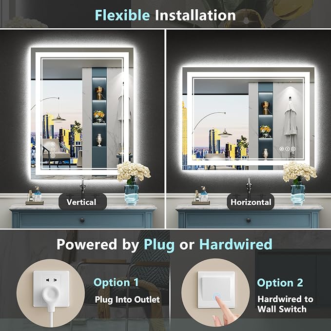 28x36 LED Bathroom Mirror with Lights, Backlit and Front Lit, Anti-Fog Lighted Vanity Mirrors for Bathroom Wall, Dimmable, 3-Color Light, Memory, Shatter-Proof, HD Tempered Glass, CRI＞90