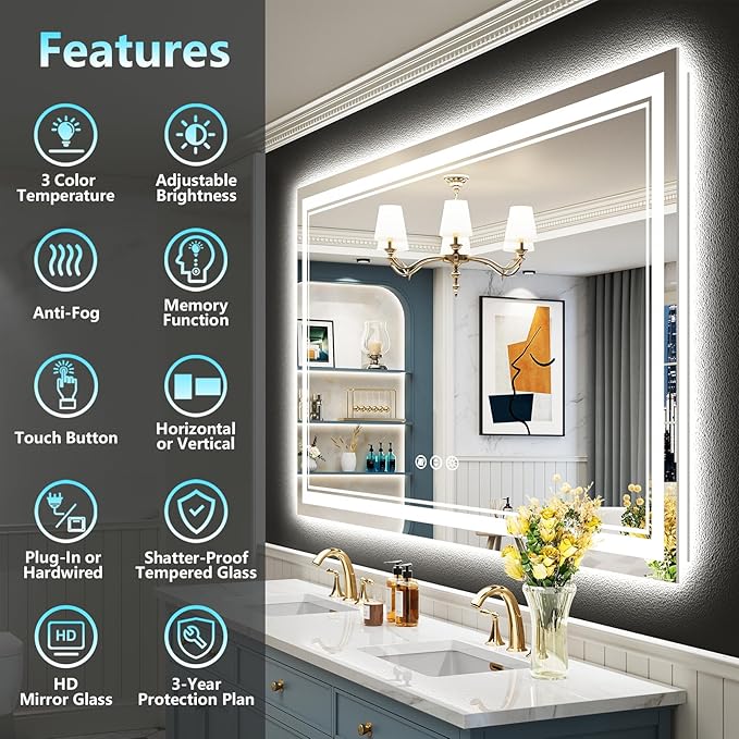 55x40 LED Bathroom Mirror with Lights, Backlit and Front Lit, Anti-Fog Lighted Vanity Mirrors for Bathroom Wall, Dimmable, 3-Color Light, Memory, Shatter-Proof, HD Tempered Glass, CRI＞90
