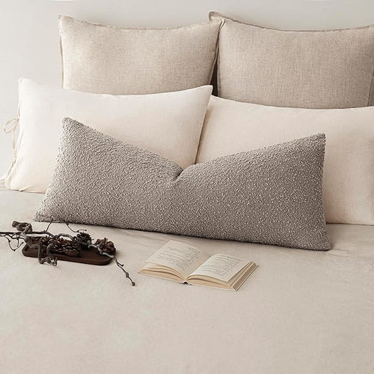 Foindtower Decorative Textured Boucle Throw Pillow Covers Accent Solid Pillow Cases Neutral Long Body Lumbar Couch Cushion Case for Chair Sofa Bedroom Living Room Home Decor 14x36 Inch,1PC,Light Taupe