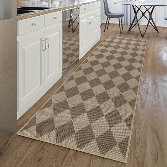 Easy Jute Checkered Runner Rug, 2.6x8 Brown Modern Washable Rugs Runner for Hallway Non-Slip Kitchen Runner Rug, Geometric Diamond Indoor Outdoor Carpet for Porch Laundry Entryway