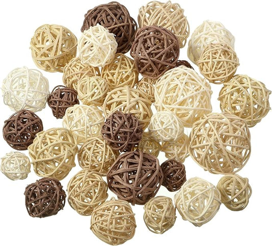 Patelai 36 Pcs Wicker Rattan Balls Decorative Balls for Vase Centerpiece Bowls Orbs Filler for Home Decor,4 Sizes(White, Wood Color, Light Tan, Coffee)