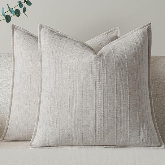 a moment Linen Pillow Covers Set of 2,Boho Farmhouse Throw Pillowcases Neutral Textured Decorative Covers for Couch Sofa Bed, Soft Linen Blend Accent Case Cushion Living Room Home Decor 20"x20"Ivory