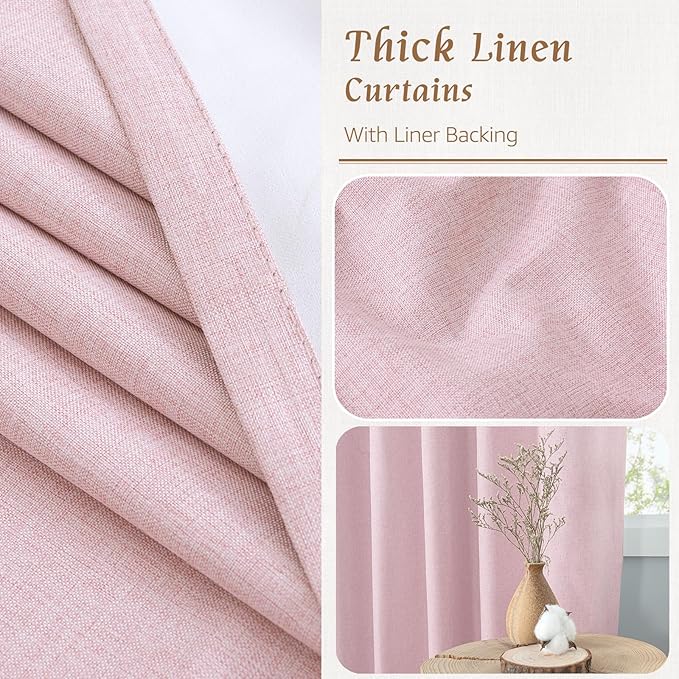 LAMIT Pink 100% Blackout Linen Curtains, 84 Inch Linen Textured Living Room Farmhouse Curtains Room Darkening Back Tab and Rod Pocket Burlap Neutral Panels with White Liner, 2 Panels, 52 x 84 Inch