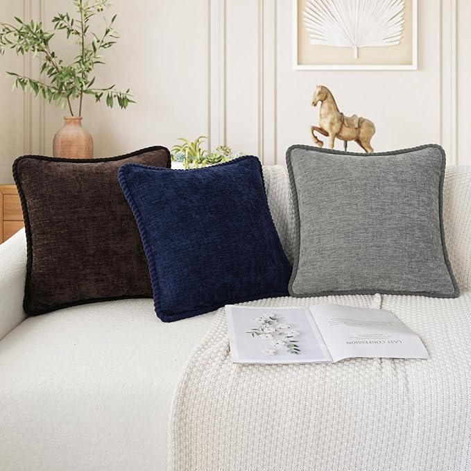CaliTime Decorative Couch Throw Pillow Covers 20 X 20 Inches Pack of 2 Cozy Chenille Piping Edge Cushion Cases for Sofa Bed Living Room Home Navy Blue