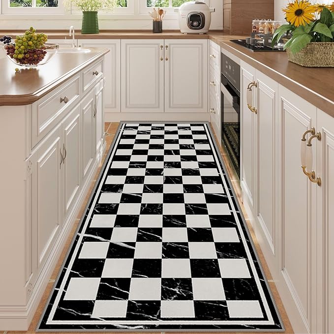 Grey Black Checkered Kitchen Hallway Carpet, 1.3x7ft, Abstract Black Marble Indoor Decor Washable Rugs, Durable Soft Cozy Non Slip Rug, Breathable Non Shedding Mats for Front Porch