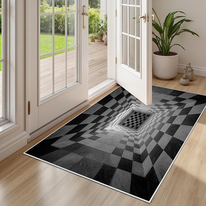 3D Rug 6x8, Plaid Soft Ultra Soft Faux Wool Low Pile Optical Illusion Rug, Indoor Floor Mats Abstract Geometric Carpet, Non-Slip Stain Resistant Washable Rugs, Modern Gray Rugs for Living Room