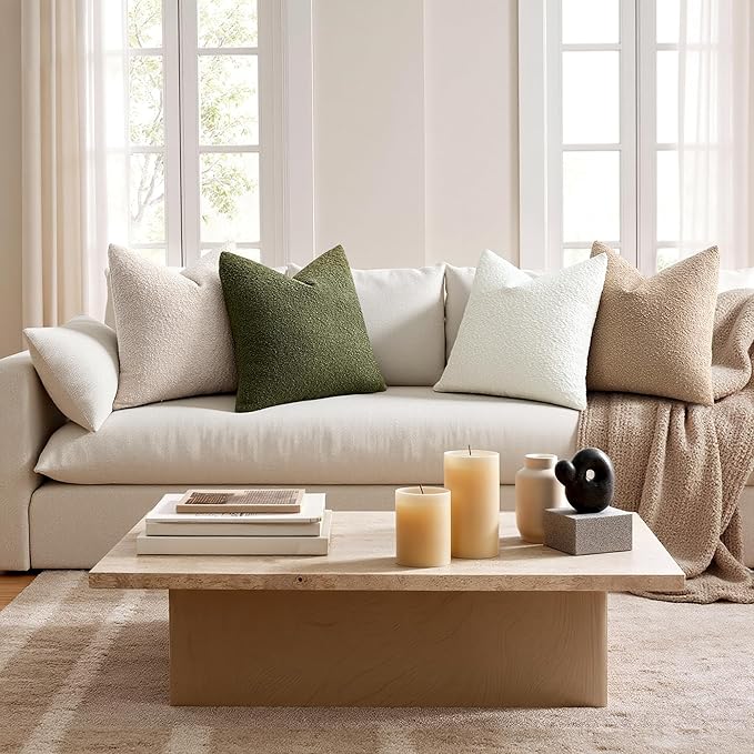 ANRODUO Pack of 2 Textured Boucle Throw Pillow Covers Soft White Euro Decorative Accent Solid Pillow Cases Cozy Modern Couch Cushion Case for Chair Sofa Bedroom Living Room Home Decor, 24 x 24 Inch