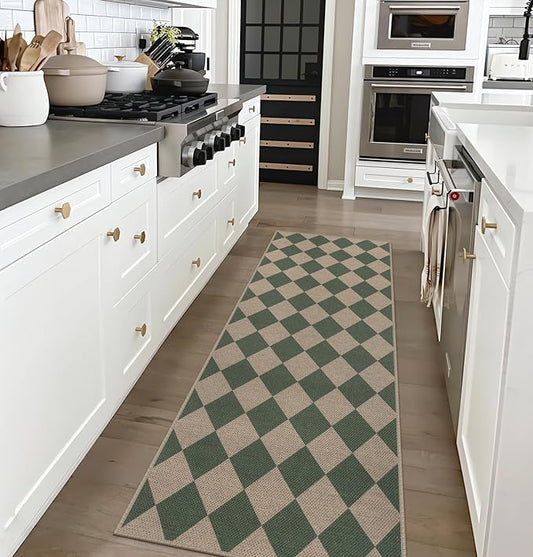 Easy Jute Checkered Runner Rug, 2x6 Green Modern Washable Rugs Runner for Hallway Non-Slip Long Kitchen Rug, Geometric Diamond Indoor Outdoor Carpet for Porch Laundry Entryway