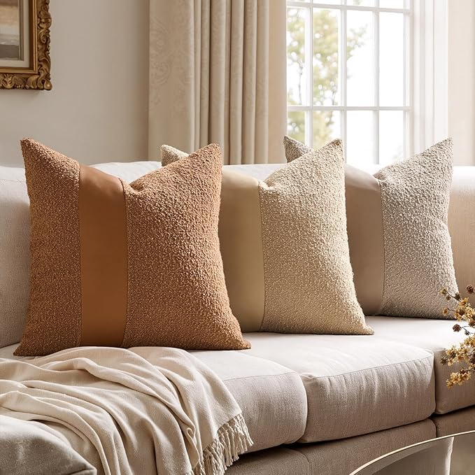MIULEE Boucle Throw Pillow Covers 26x26 Inch Set of 2 Brown Faux Leather Textured Decorative Pillow Cases Boho Farmhouse Accents Cushion Covers for Couch Bed Livingroom Home Decor