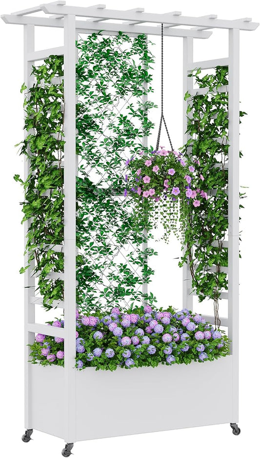 Raised Garden Bed with Trellis & Hanging Roof, Weatherproof Metal Planter Box with Wheels, Garden Arch Trellis for Outdoor Climbing Plants Vines Flowers, 74" H x 44" L x 17" W, White