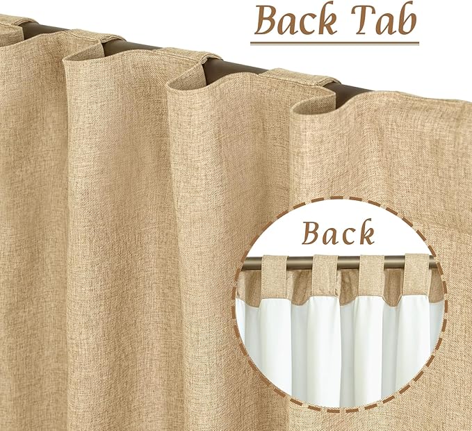 LAMIT 100% Blackout Curtains for Living Room, 95 Inches Natural Linen Textured Thermal Bedroom Curtains Back Tab and Rod Pocket Farmhouse Burlap Panels with White Liner, 2 Panels, 52 x 95 Inch