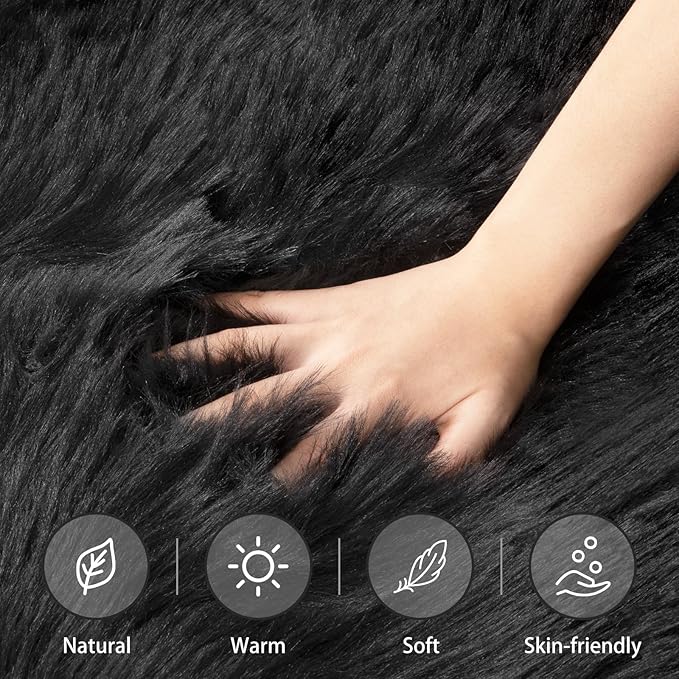 Ciicool Faux Fur Rug for Bedroom, Black Fluffy Shag Rugs for Sofa Couch Seat Cushion, Washable Fuzzy Runner Thick Fur Floor Carpets for Bedside Living Room, 2x6 Ft Rectangle