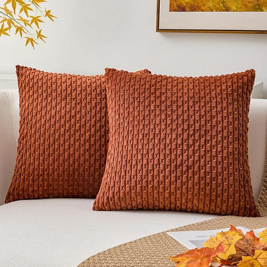 Kevin Textile Fall Throw Pillow Covers Soft Corduroy Decorative Set of 2 Boho Striped Pillow Covers Pillowcases Farmhouse Home Decor for Couch Bed Sofa Living Room 24x24 Inch Rust Brown