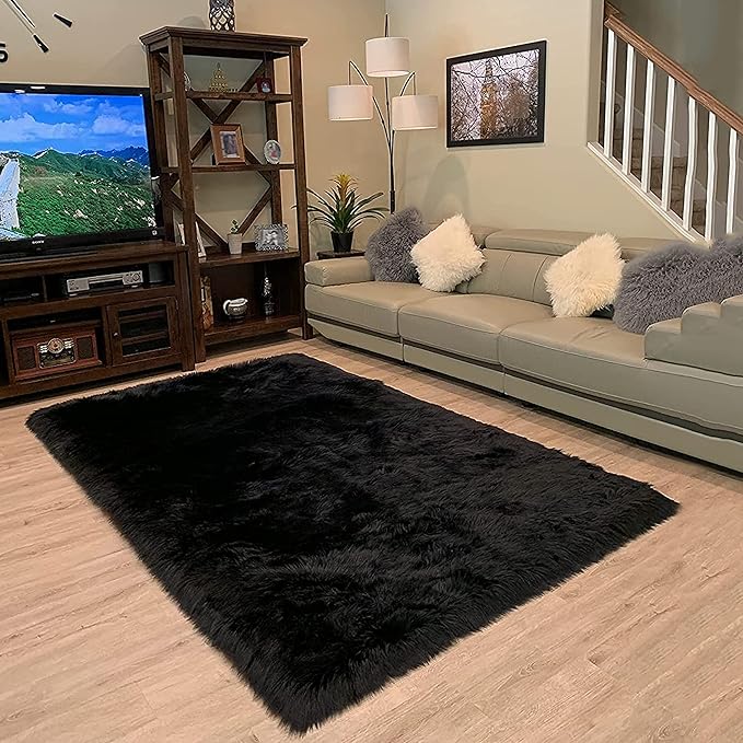 LAMBZY High Pile Super Fluffy Soft Faux Sheepskin Rug | Faux Sheepskin Rugs for Living Room Playroom Bedroom | Classic Super Soft to Touch Rug (6'x9', Black)