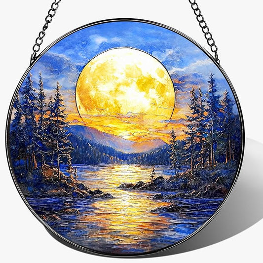 8'' Full Moon Over Forest Lake Suncatcher Ornament, Stained Glass Window Hanging, Sun Catchers for Windows Hanging Ornaments, Window Decor | Gifts for Christmas, Birthday, Father's Day