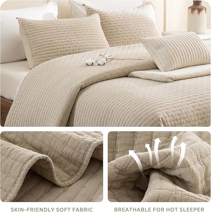Sanracie Stonewashed Cotton Coverlet Queen Size(90"x98"), Ultra Soft Dark Wheat Color Crinkle Quilt Bedding Set 3Pcs Cross Stitch Pattern Lightweight Breathable Bedspread Set for All Season