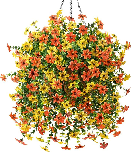 INQCMY Artificial Fake Hanging Flowers Plants Baskets for Outdoor Fall Decoration,Faux Silk Flower in Planter UV Resistant Look Real for Home Outside Porch Garden Yard Patio Decor