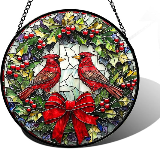 Stained Glass Window Hanging - Cardinals Green Wreath Suncatcher for Doors Home Christmas Decoration Red Bird Sun Catcher Thanksgiving New Year Birthday Gift for Women Men Mom Nana 11.8 in