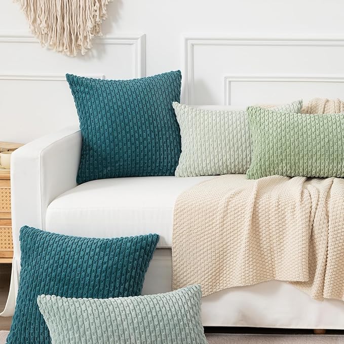 Kevin Textile Throw Pillow Covers Soft Corduroy Decorative Set of 2 Boho Striped Pillow Covers Pillowcases Farmhouse Home Decor for Couch Bed Sofa Living Room 26x26 Inch Teal Blue