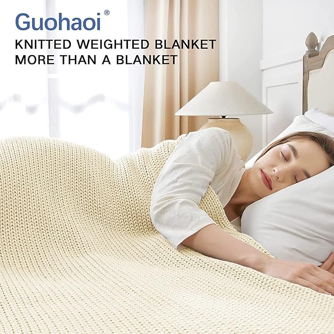 Guohaoi Knitted Weighted Blanket for Adults (Cream 50"x75" 20lbs) No Beads Cooling Throw Blanket for Hot Sleepers, Home Decor Breathable Chunky Knit Heavy Blanket Use on Full Size Bed