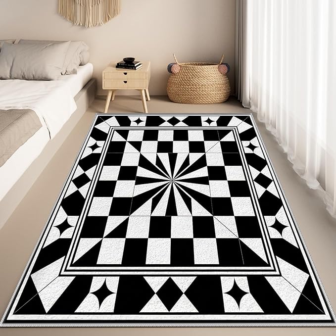 Black and White Checkered Rug, Checkered Rug, Modern Geometric Pattern Carpet, Retro Machine Washable Non Slip Area Rugs, Contemporary Rugs for Living Room/Bedroom 3x4