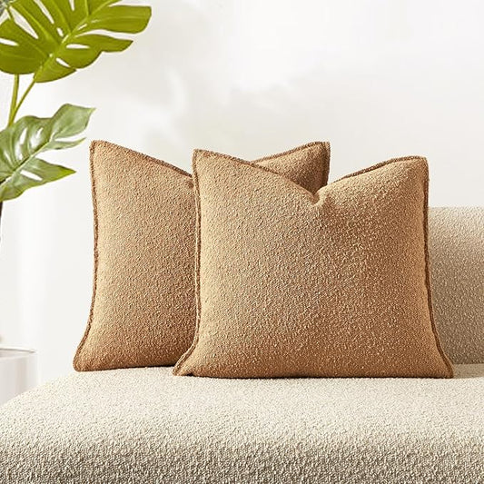 JUSPURBET Pillow Covers 20x20 Set of 2 Decorative Throw Pillow Covers Case for Couch Sofa Bed Soft Boucle Textured Cushion Covers with Hidden Zipper for Home Decor Living Room,Camel