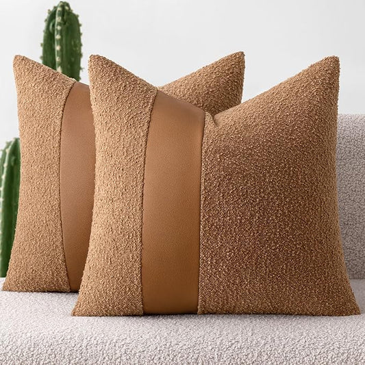 MIULEE Boucle Throw Pillow Covers 18x18 Inch Set of 2 Brown Faux Leather Textured Decorative Pillow Cases Boho Farmhouse Accents Cushion Covers for Couch Bed Livingroom Home Decor