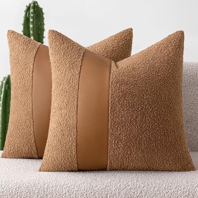 MIULEE Boucle Throw Pillow Covers 16x16 Inch Set of 2 Brown Faux Leather Textured Decorative Pillow Cases Boho Farmhouse Accents Cushion Covers for Couch Bed Livingroom Home Decor