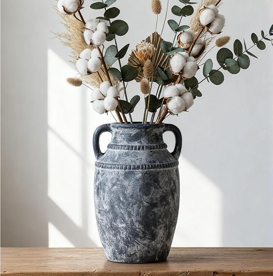 Farmhouse Rustic Ceramic Vase with Handles, 11 inch Gray-White Textured Modern Terracotta Vintage Vases for Home Decor Centerpieces Table Pottery Barn Furniture Decorative (Tall - C)