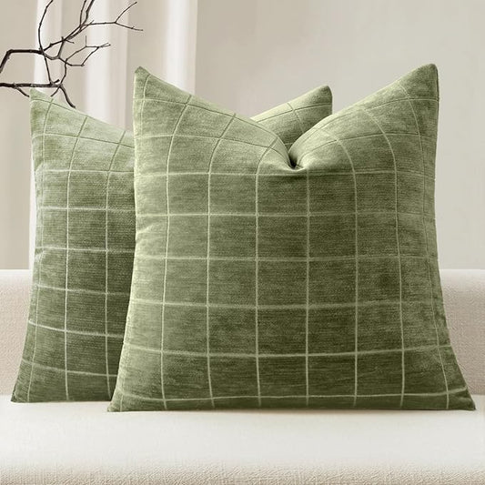 MIULEE Decorative Chenille Check Throw Pillow Covers Vintage Plaid Couch Pillows 18x18 Inch Set of 2 Neutral Boho Farmhouse Cushion Covers Modern Spring Decor for Sofa Bed Living Room Grass Green
