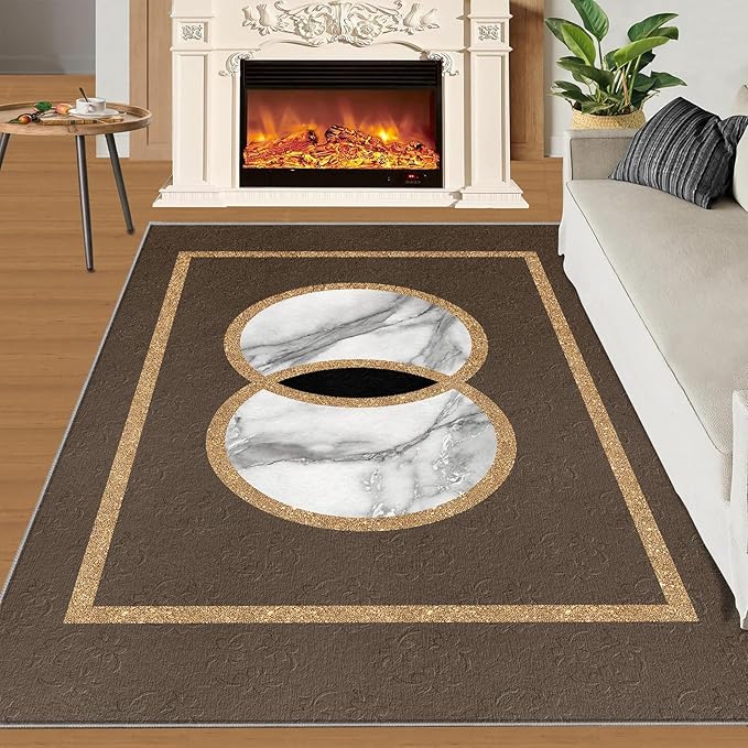 Brown Marble Bedroom Rug Vintage Mid-Century Geometric Rug Marble Pattern Decor Rugs Circle Rectangle Gilded Geometry Floor Mat Elegant Decor for Living Room 6x9ft