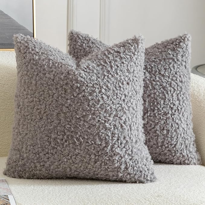 Yaertun Pack of 2 Faux Fur Throw Pillow Covers Decorative Sherpa Boucle Pillow Covers Fuzzy Soft Pillowcases Sheepskin Fleece Cushion Case for Couch Sofa Bed Living Room 16x16 Inch Light Grey