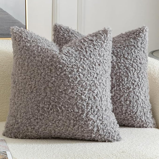 Yaertun Pack of 2 Faux Fur Throw Pillow Covers Decorative Sherpa Boucle Pillow Covers Fuzzy Soft Pillowcases Sheepskin Fleece Cushion Case for Couch Sofa Bed Living Room 22x22 Inch Light Grey