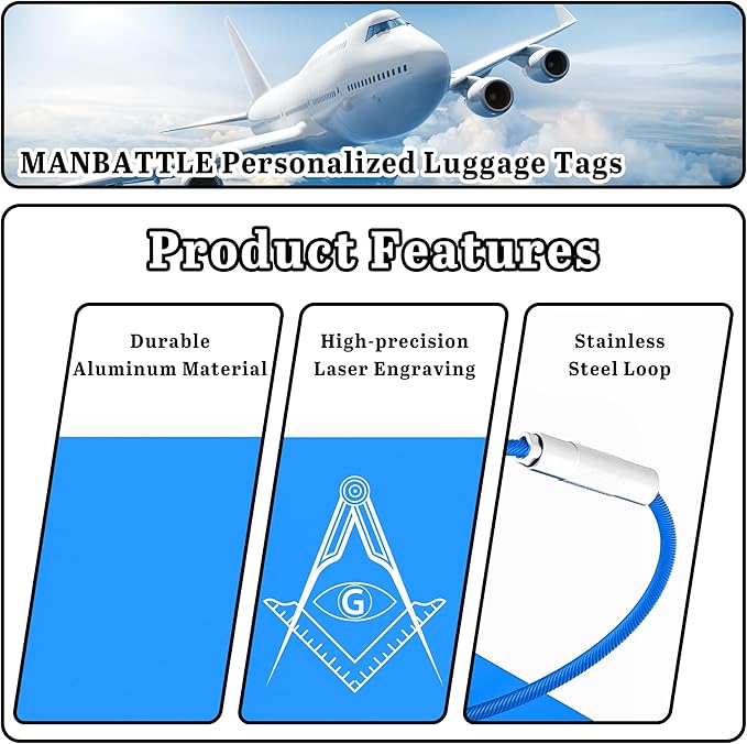 4 PCS Personalized Luggage Tags for Suitcases, Custom Aluminum Luggage Tags for Bags and Backpacks, Waterproof & Heavy Duty Personalized Metal Name Tags for Travel (Blue)