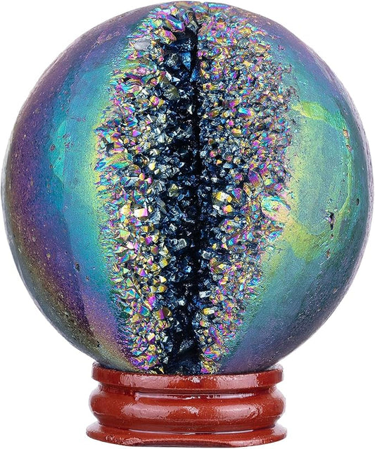 Sportmusies Titanium Coated Rock Crystal Geode Ball with Wooden Stand, Druzy Quartz Stone Cluster Sphere Reiki Home Office Decoration, Multi