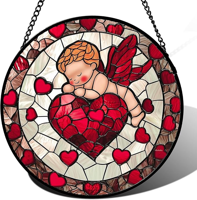 Stained Glass Window Hanging - Red Love Angel Sun Catcher for Door Garden Home Decor Cute Suncatcher Christmas Mother's Day Birthday for Women Men Mom Nana 11.8 in