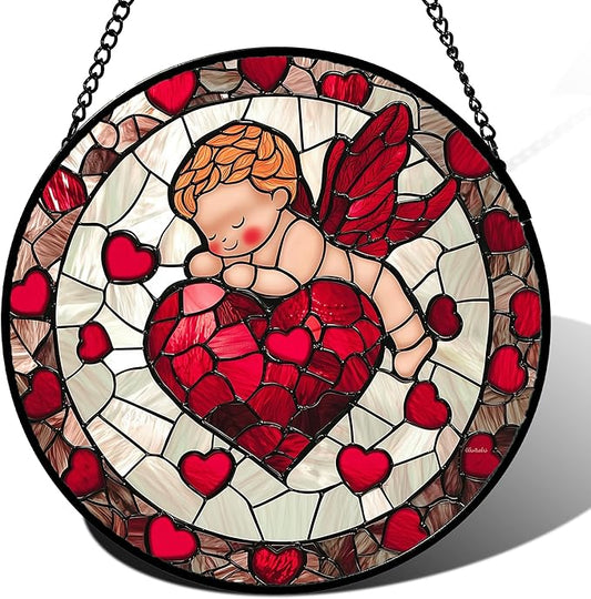 Stained Glass Window Hanging - Red Love Angel Sun Catcher for Door Garden Home Decor Cute Suncatcher Christmas Mother's Day Birthday for Women Men Mom Nana 9.8 in