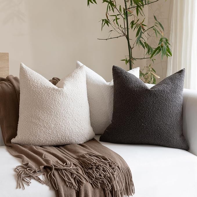 Boucle Decorative Throw Pillow Covers for Couch Set of 2, 18x18 inches, White