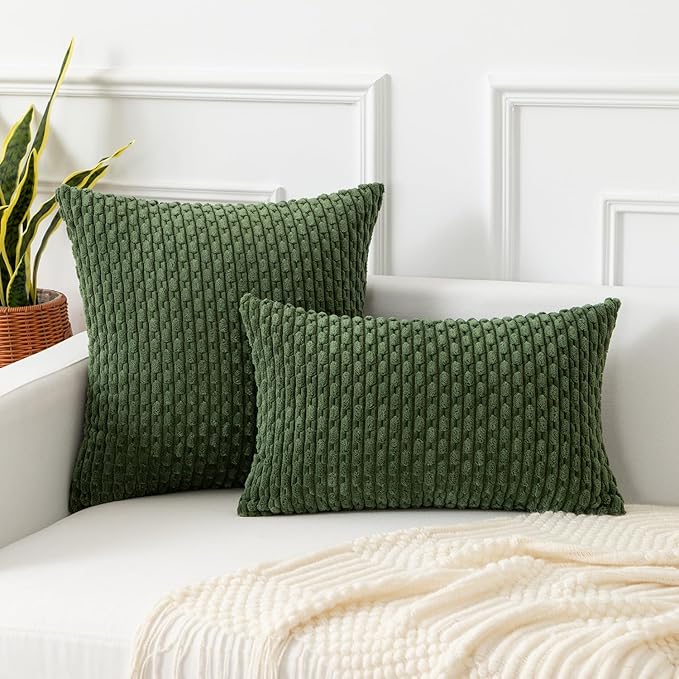 Kevin Textile Throw Pillow Covers Soft Corduroy Decorative Set of 2 Boho Striped Pillow Covers Pillowcases Farmhouse Home Decor for Couch Bed Sofa Living Room 26x26 Inch Moss Green