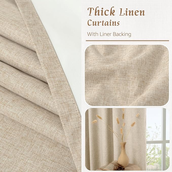 LAMIT 100% Blackout Short Linen Curtains for Cafe, 40 Inch Length Linen Textured Thermal Curtains Back Tab and Rod Pocket Neutral Panels with White Liner for Kitchen, 2 Panels, 42 x 40 Inch, Linen