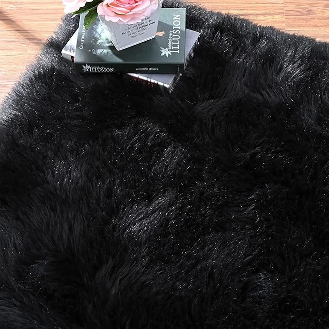 Black Fuzzy Faux Sheepskin Shaggy Fur Rugs for Bedroom Machine Washable Furry Rug 4x6 Area Rugs for Nursery Decor