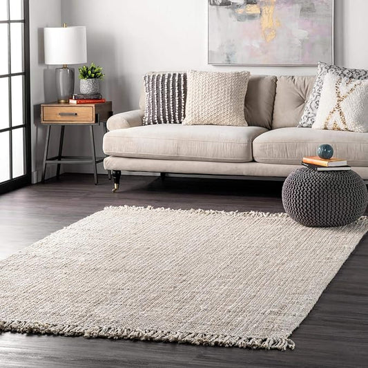 Nuloom Daniela Off-White, 6' Square, Handmade, Jute, Tassel, Soft and Textured, High Traffic, Stain Resistant, Easy Clean, Durable Area Rug for Bedroom, Living Room, Dining Space, Foyer, Entryway