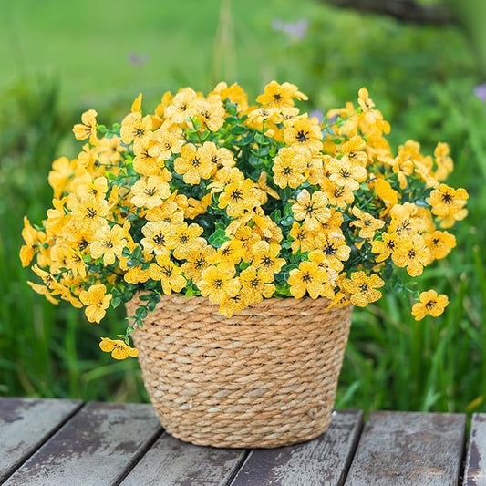 Yellow Fall Artificial Flowers for Outdoors Decorations, 12 Bundles Faux Fall Mums Flowers, UV Resistant Realistic Silk Daisy with Eucalyptus for Home Decor Garden Planters Patio Yard Balcony