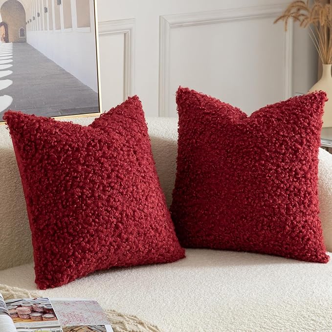 Yaertun Pack of 2 Faux Fur Throw Pillow Covers Decorative Sherpa Boucle Pillow Covers Fuzzy Soft Pillowcases Sheepskin Fleece Cushion Case for Couch Sofa Bed Living Room 26x26 Inch Burgundy