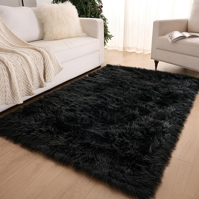 Fluffy Faux Fur Rug Black Sheepskin Area Rug,4x6 Ft Ultra Soft Shaggy Plush Rug for Bedroom Bedside Living Room Nursery Kids Room