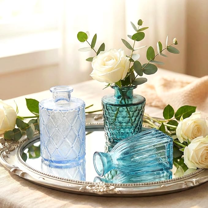 Set of 30 Blue Colored Glass Bud Vases - Small Textured Flower Vases for Centerpieces, Wedding Table Decor, Retro Home Decor Bulk Vase Set for DIY, Events & Gifts