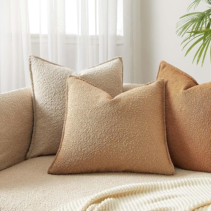 JUSPURBET Pillow Covers 20x20 Set of 2 Decorative Throw Pillow Covers Case for Couch Sofa Bed Soft Boucle Textured Cushion Covers with Hidden Zipper for Home Decor Living Room,Camel