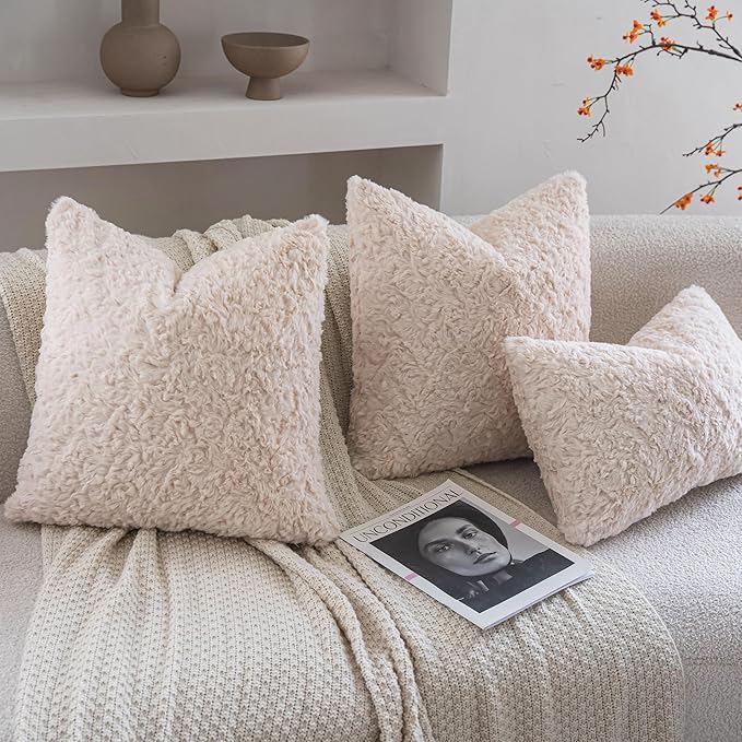 Neelvin Set of 2 Faux Fur Throw Pillow Covers 12x20 Inch Beige Cozy Soft Solid Decorative Pillowcases Thick Plush Sheepskin Cushion Case for Chair and Couch Sofa Bedroom